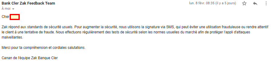 Réponse du support Zak suite à mes questions liées à la sécurité de l'application